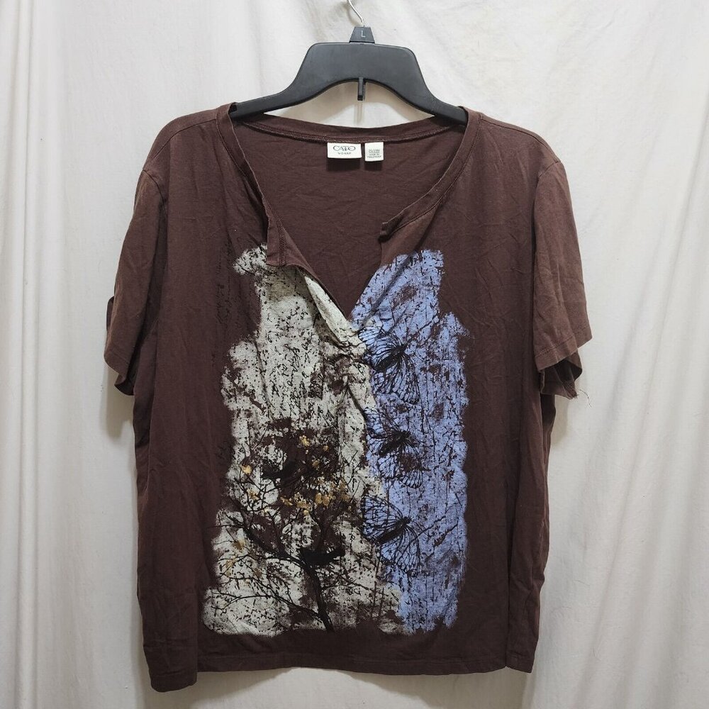 Cato Woman Brown‎ V-Neck Graffiti Butterfly Blue & Beige Top 26/28W